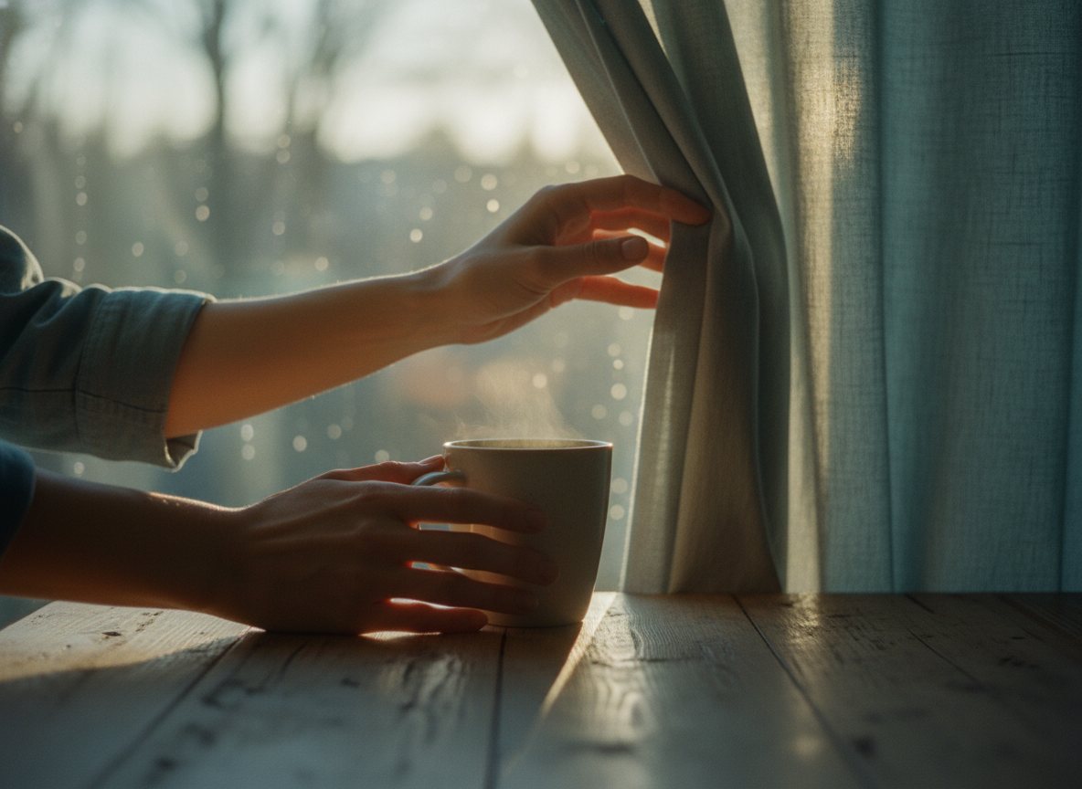 A person's hands calmly setting an object down and reaching to open a curtain to let in soft morning light.