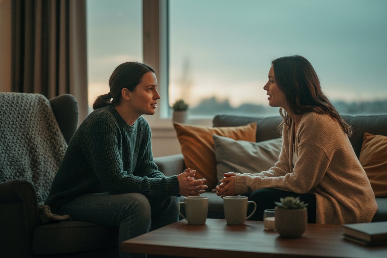 Two people in a warm, comfortable room having a calm, supportive conversation; one listening with genuine care.
